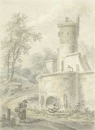 城堡塔楼上渔夫和行走的女人的风景`Landschap met hengelaar en wandelende vrouw bij een vestingtoren (1838) by Pieter Bartholomeusz. Barbiers