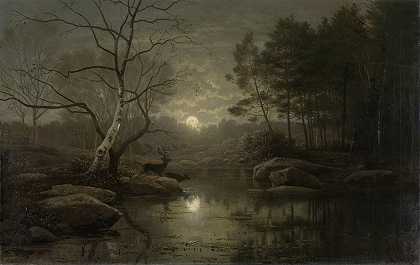 月光下的森林景观`Forest Landscape in the Moonlight (1861) by Georg Eduard Otto Saal
