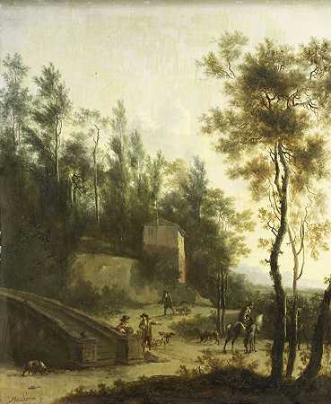 有猎人的意大利风景`Italian Landscape with Hunters (1660 ~ 1686) by Frederik de Moucheron
