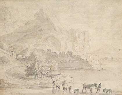南部山区的牛和牧羊人`Cattle and Shepherds in a Southern Mountainous Landscape (mid~17th century) by Karel Dujardin