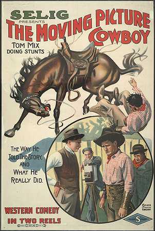 电影《牛仔汤姆·米克斯做特技》`The moving picture cowboy Tom Mix doing stunts (1914) by Goes Litho. Co.