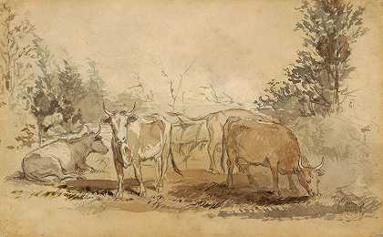 牧场上的奶牛`Cows in a Pasture (1858) by Winslow Homer