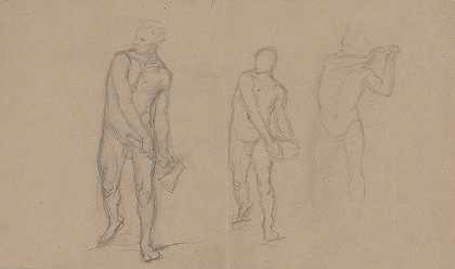 这幅画的三幅男性裸体素描圣马提亚殉道`Three sketches of male nudes for the painting Martyrdom of St. Matthias (1866~1867) by Józef Simmler