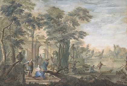 带有几个人物和一尊戴安娜雕像的拱廊景观`Arcadian Landscape with several Figures and a Statue of Diana (18th century) by Gerard Melder