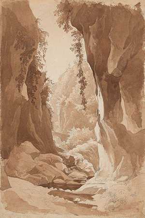 悬崖峭壁悬在索伦托附近的河谷上（雷克托）`Cliffs Overhanging a River Gorge near Sorrento (recto) (1823) by Johann Joachim Faber