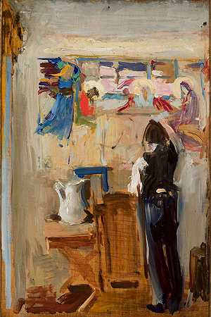 画家Janusz Nawroczyński在画室素描`Painter Janusz Nawroczyński in the studio, sketch (between 1905 and 1906) by Konrad Krzyżanowski