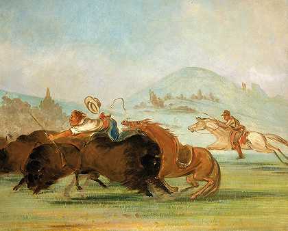 巴蒂斯特和我在黄石河口的水牛城跑步`Batiste And I Running Buffalo, Mouth of The Yellowstone (1832~1833) by George Catlin