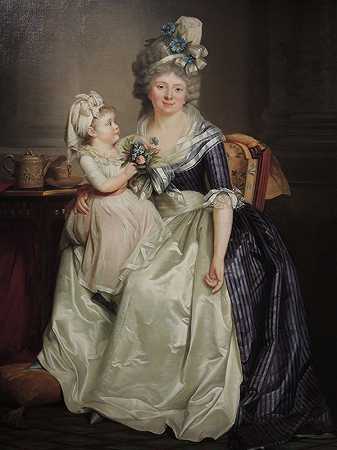 肖像一个女人把女儿抱在膝上，画布上画着`Portrait dune femme tenant sa fille sur les genoux, huile sur toile by Rose-Adelaïde Ducreux