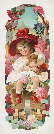 戴着红帽子抱着小狗的小女孩`Little girl with a red hat holding a puppy dog (1906)