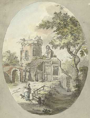 一名妇女牵着狗在塔楼上施工`Vrouw met hond voor bouwval aan een toren (1782 ~ 1837) by Pieter Bartholomeusz. Barbiers