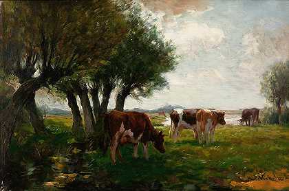 放牧牛`Cattle Grazing (1900) by Horatio Walker