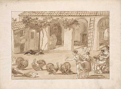《威尼斯农家院子里的火鸡》，这是蒂波罗当代生活系列59个场景中的第三幅画。`Turkeys in a Venetian Farmyard, the third drawing in Tiepolo’s series of 59 scenes of contemporary life. (ca. 1791) by Giovanni Domenico Tiepolo