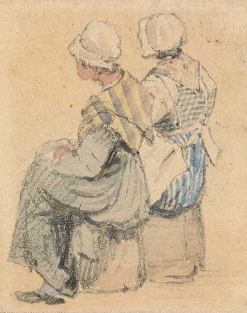 两个乡下姑娘，坐着`Two Peasant Girls, Seated (ca. 1841) by Samuel Prout