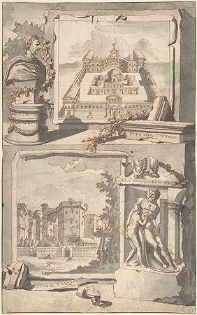重建提图斯温泉（上图）和遗址景观（下图）`Reconstruction of the Thermae of Titus (above) and a View of the Ruins (below) (before 1704) by Jan Goeree