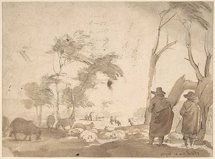 羊和两个人的风景`Landscape with Sheep and Two Figures (1623–73) by Jacob van der Does