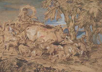 田园风光牧民带着羊和牛`Pastoral Scene; Nomads with Sheep and Cattle (1609–64) by Giovanni Benedetto Castiglione