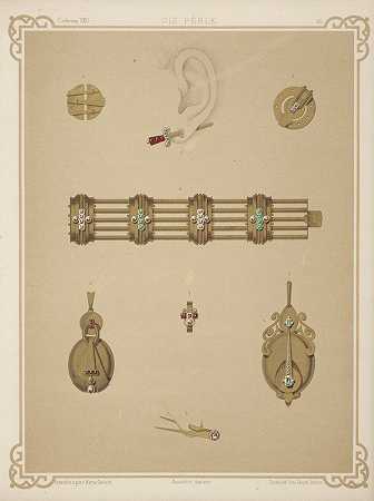 七款珠宝设计，包括镶有红宝石柄的金剑形耳环。`Seven Designs For Jewelry, Including Earring In Shape Of Gold Sword With Ruby Hilt. (1872 ~ 1873) by Martin Gerlach