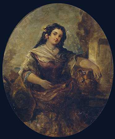 井边一个年轻女孩的肖像`Portrait of a young girl at the well by Narcisse-Virgile Diaz de La Peña