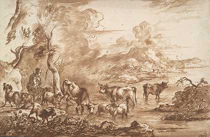 浇水处的牛`Cattle in a watering place (late 17th–early 18th century) by Michiel Carree