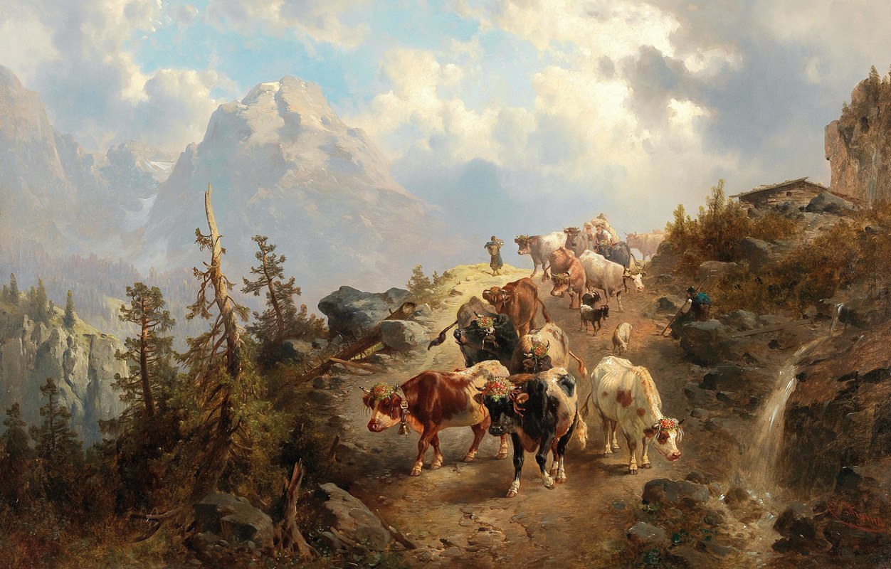 把牛从阿尔卑斯山赶下来`Driving Down the Cattle from the Alps by Josef Thoma