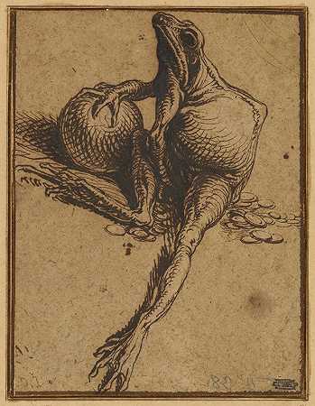 一只青蛙坐在硬币上，手里拿着一个球体贪婪的寓言`A Frog Sitting on Coins and Holding a Sphere; Allegory of Avarice (1609) by Jacob de Gheyn II
