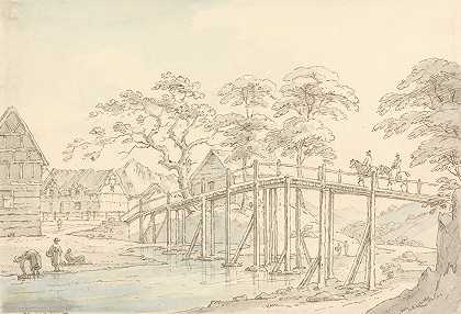 纽敦塞文河上的一座桥，向上望去`Bridge over the Severn at Newtown, Looking up the River (1797) by Thomas Sunderland