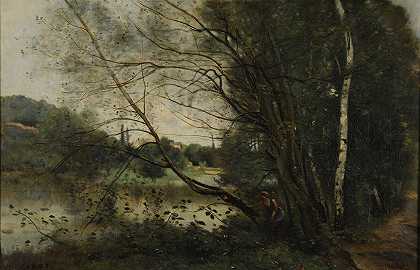 水池倾斜的树`Létang à larbre penché (1865~1870) by Jean-Baptiste-Camille Corot