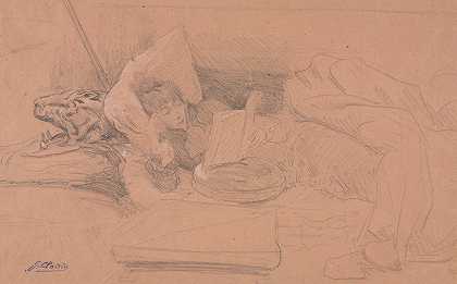 莎拉·伯恩哈特躺在沙发上看书`Sarah Bernhardt Reclining on a Divan, Reading (c. 1885~1890) by Georges Jules Victor Clairin