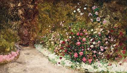 在花园里散步`A stroll in the garden by Antoine Edouard Joseph Moulinet