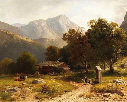 阿尔卑斯山的夏日田园风光`Sommerliche Alpenidylle (Ca. 1860~1880) by Ludwig Gebhardt