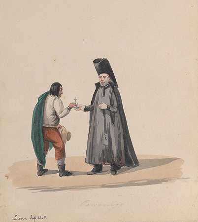 把十字架交给人的教规`A canon handing a crucifix to a man (ca. 1848) by Francisco Fierro