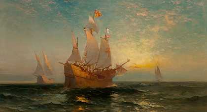 日落时的帆船`Galleon at Sunset by Edward Moran