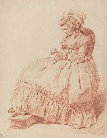 坐着缝纫的女人`Seated Woman Sewing (1788) by Louis Rolland Trinquesse