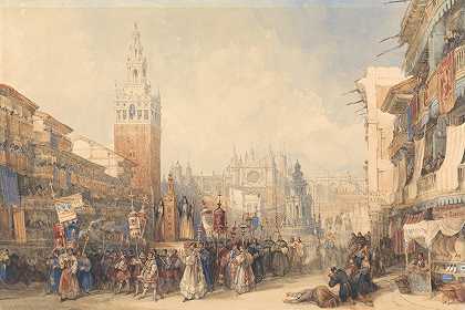 皇家广场游行`Plaza Real and Procession (1835) by David Roberts