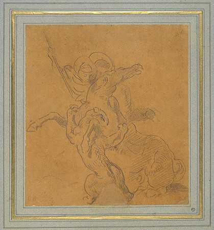 狮子和骑手攻击马（猎虎草图）`Lion Attacking a Horse with Rider (Sketch for The Tiger Hunt) (ca. 1854) by Eugène Delacroix