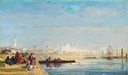 伊斯坦布尔博斯普鲁斯码头上等待的土耳其人`Turks waiting at a quay on the Bosphourus, Istanbul by Henri Duvieux