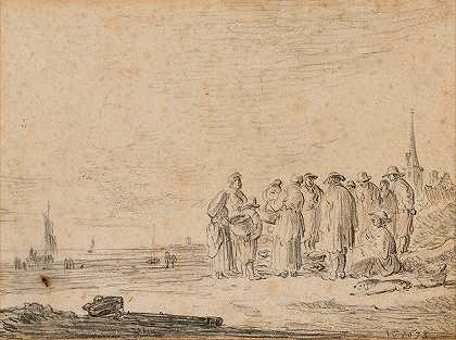 在海边钓鱼回来，钟楼的教堂背景`Retour de pêche sur le bord du rivage, le clocher dune église à larrière~plan (1638) by Jan van Goyen