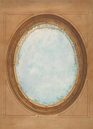 天花板设计采用trompe loeil栏杆和天空`Design for a ceiling with trompe loeil balustrade and sky (1869) by Jules-Edmond-Charles Lachaise