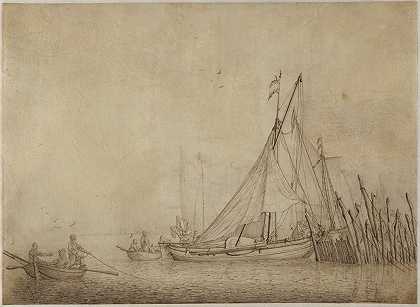 以城市为背景的码头上的船只`Ships at a Quai with a City in the Background (late 1660s) by Hendrick Jacobsz. Dubbels