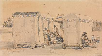 奥斯坦德海滩上的沐浴帐篷`Bathing Tents on the Beach, Ostend by Samuel Prout