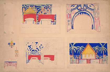 纽约州纽约市71街和百老汇阿拉麦克刚果房的设计。]【室内、家具和壁画的六色研究】`Designs for Alamac Hotel Congo Room, 71st and Broadway, New York, NY.] [Six color studies of interior, furniture, and murals (1923) by Winold Reiss