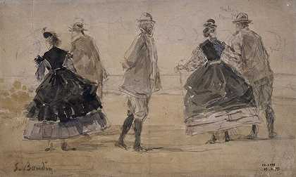 海边小组`Groupe au bord de la mer (1865~1870) by Eugène Boudin