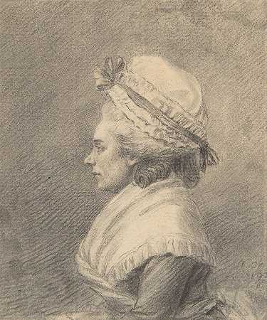戴帽子的女士的侧面图`Profile of a Lady in a Bonnet by Augustin de Saint-Aubin
