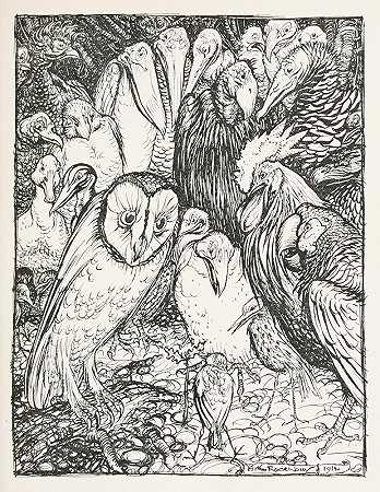 猫头鹰和鸟`The Owl and the Birds (1912) by Arthur Rackham