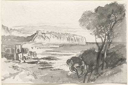海湾对面的风景（摩纳哥）`View across a Bay (Monaco) (1884~1885) by Edward Lear