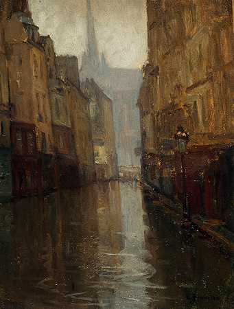 蒙特贝洛码头的上铺街道（1910年洪水）`La rue du Haut~Pavé vers le quai de Montebello (inondations de 1910) (1910) by Germain Eugène Bonneton