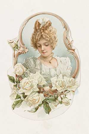 女人她头上镶着白玫瑰`Womans Head Enframed with White Roses (ca. 1891) by Louis Prang