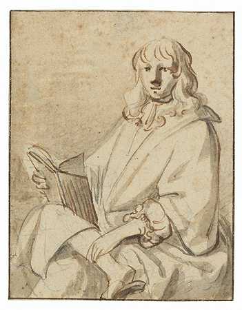 一个年轻人拿着一本书坐着`A young man seated with a book by Juriaen Pool