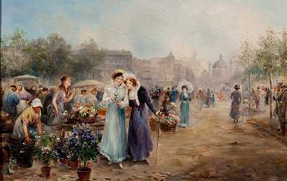 维也纳附近的花卉市场圣查尔斯街号教堂`Flower Market near Viennas St. Charles Church by Emil Barbarini