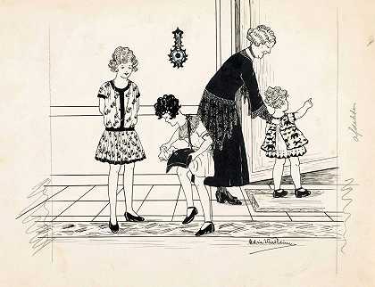 走廊里的女人和三个女孩`Vrouw en drie meisjes in een gang (1925) by Adrie Vürtheim